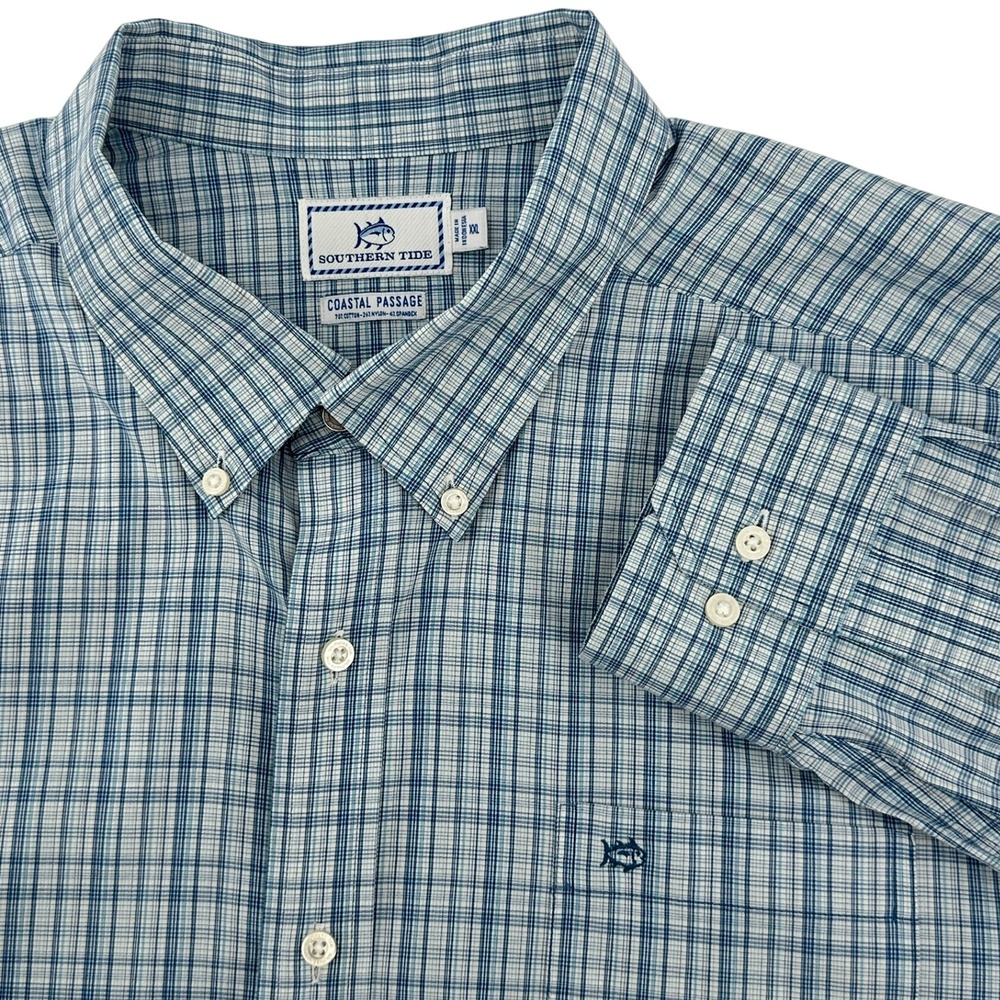 Southern Tide Coastal Passage Mens XXL Blue Plaid Button Down Shirt Long Sleeve